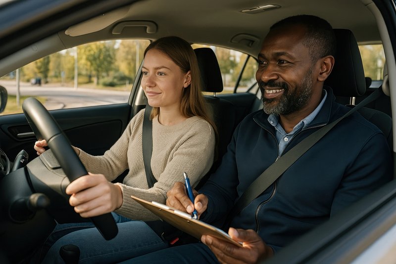 Driving lesson with instructor guidance.