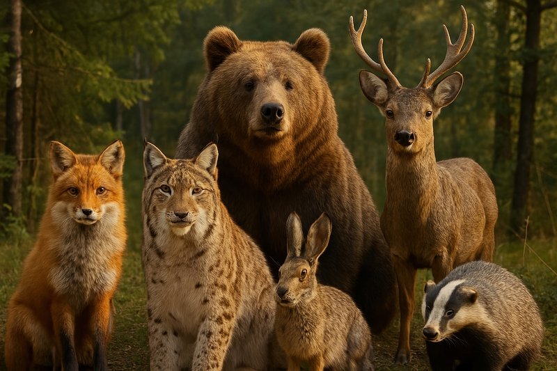 Forest animals gather peacefully.