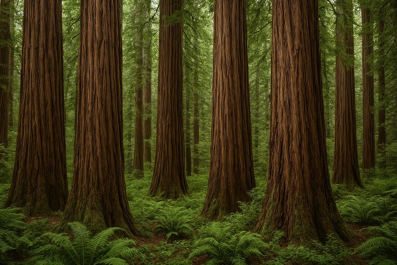 Majestic redwoods in lush forest.