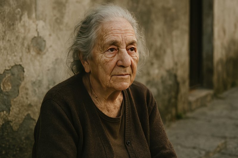 Elderly woman sitting outdoors thoughtfully.