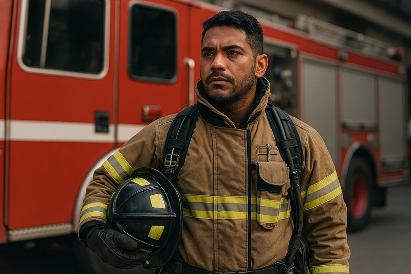 Brave firefighter ready duty.