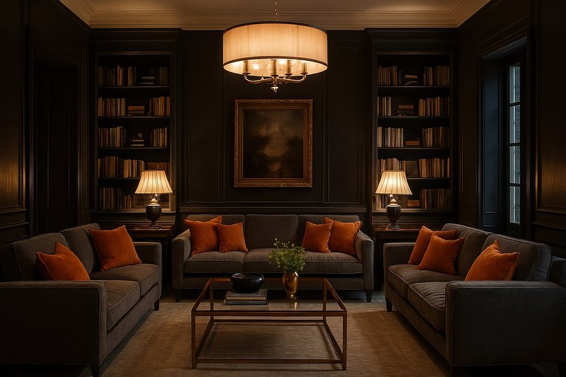 Elegant dark library lounge ambiance.