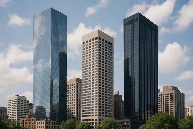 Modern skyscrapers under blue sky.