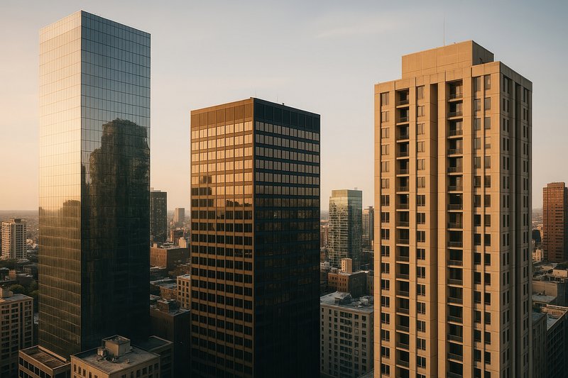 Urban skyline at sunset.