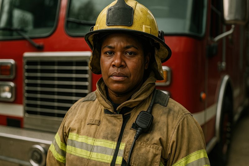 Brave firefighter in action gear.