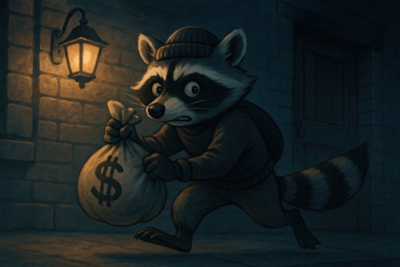 Raccoon thief cartoon illustration.