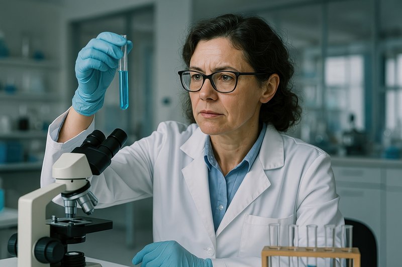 Scientist examining test tube.