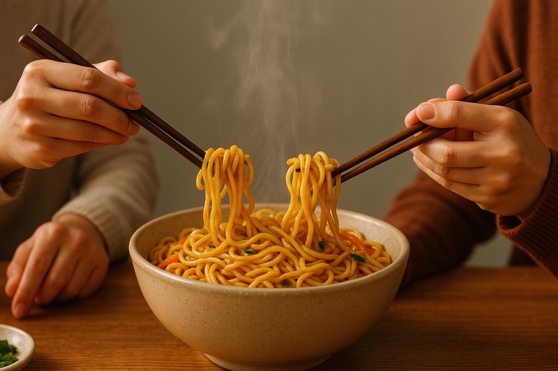 Chopsticks sharing hot noodles.