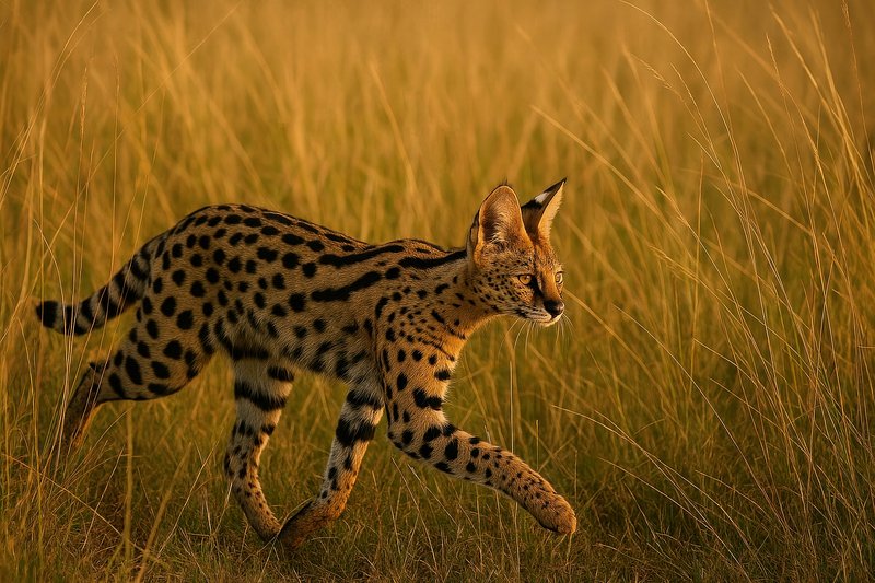 Wild serval in golden grassland