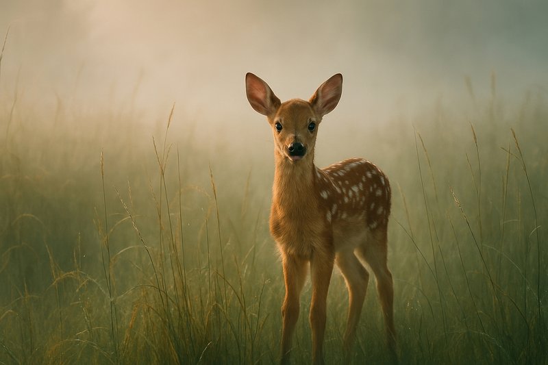 Serene fawn in misty meadow.