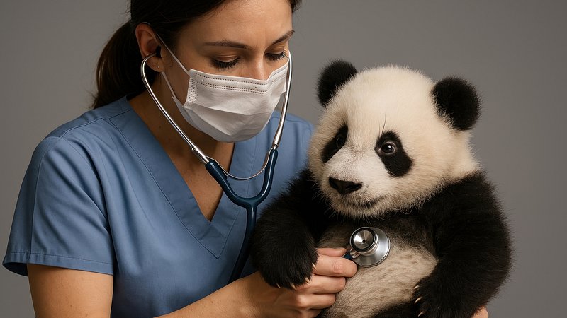 Veterinarian examines adorable panda cub