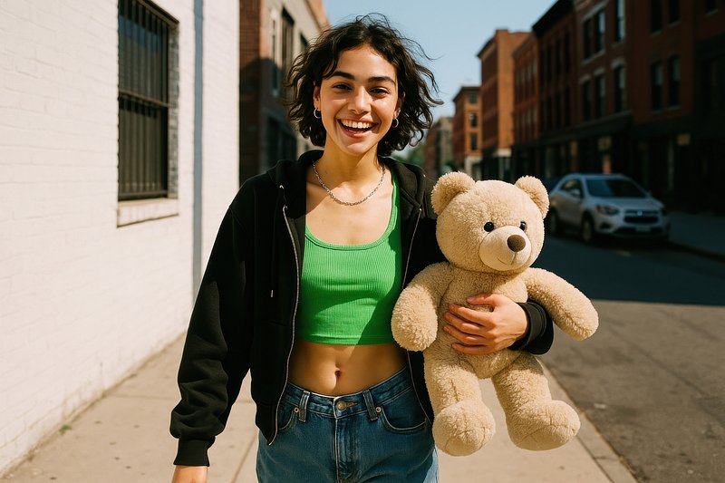 Joyful woman with teddy bear