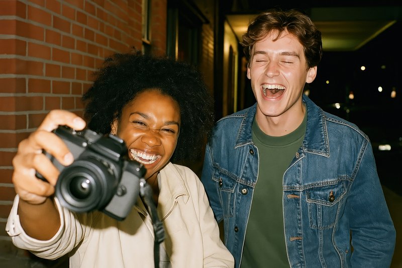 Joyful friends capturing night memories.