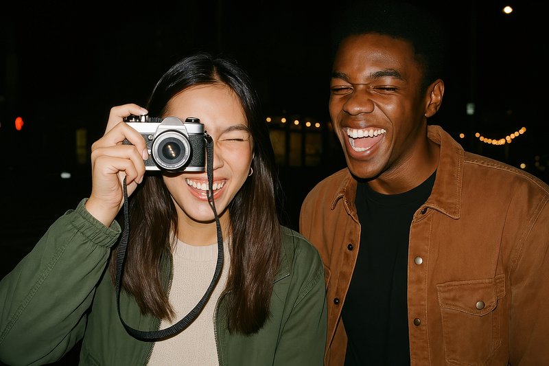 Joyful friends capturing night memories.