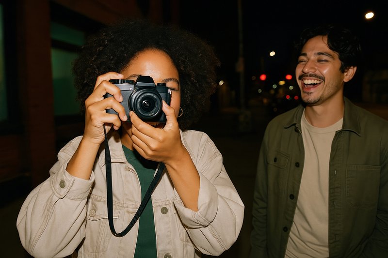 Night photography joyful friends