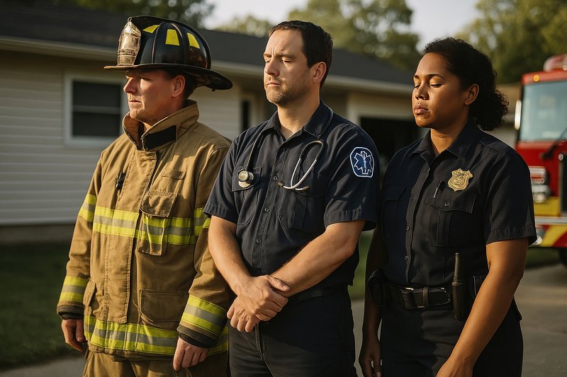 Diverse emergency responders standing together.