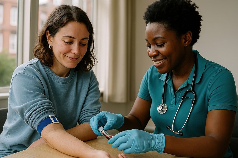 Healthcare professional drawing blood sample.