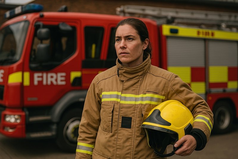 Firefighter standing with helmet.