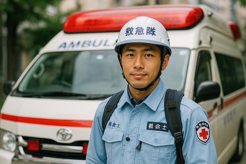 Paramedic standing by ambulance.