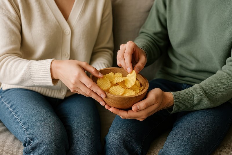 Sharing potato chips together.