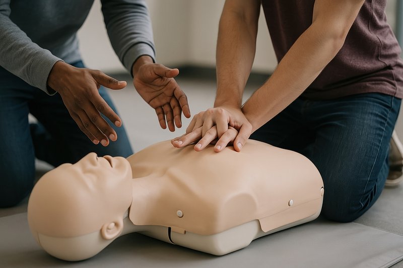 CPR training with practice mannequin.
