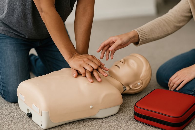 CPR training with practice mannequin.