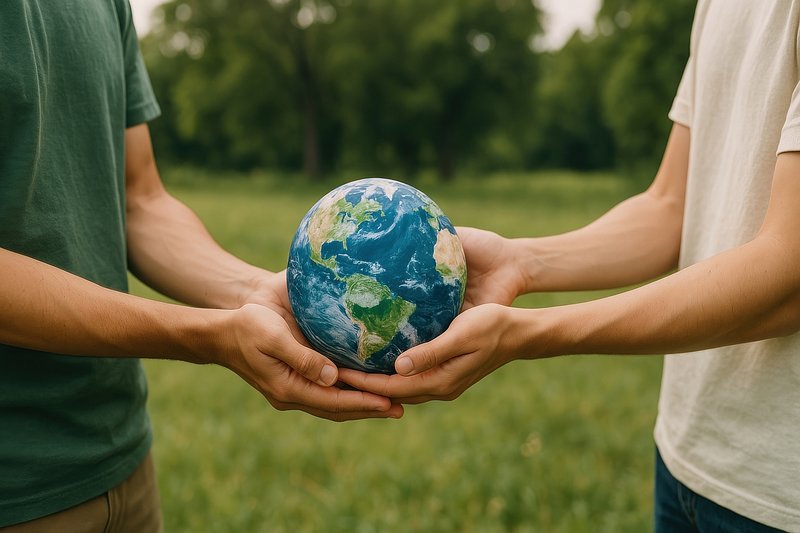 Hands holding Earth globe together.