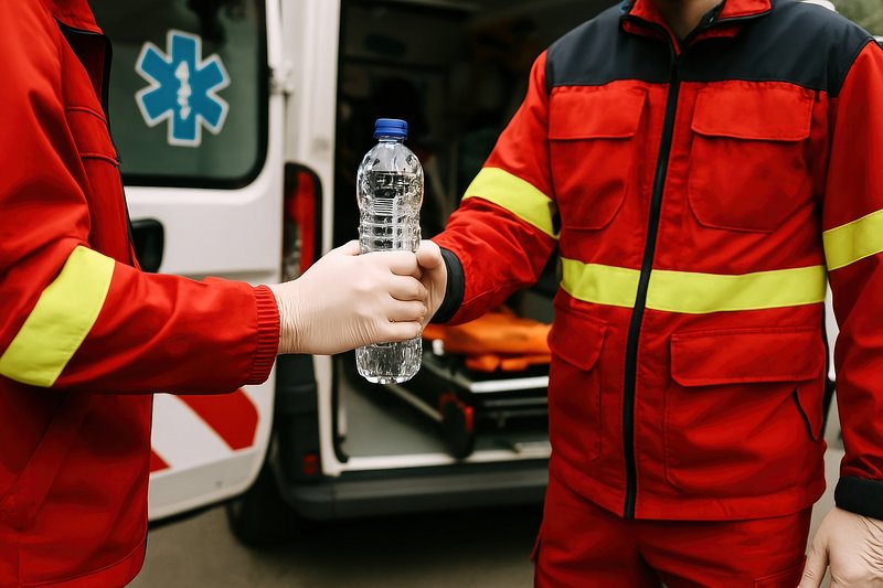Emergency responders sharing hydration.