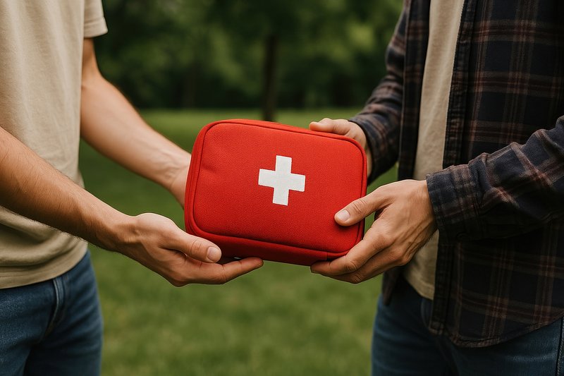 Emergency aid kit exchange outdoors.