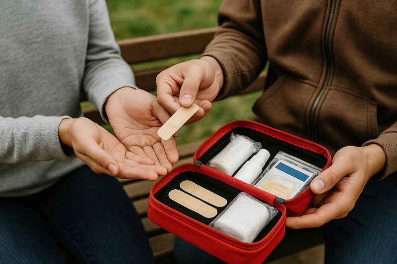 First aid kit usage outdoors.