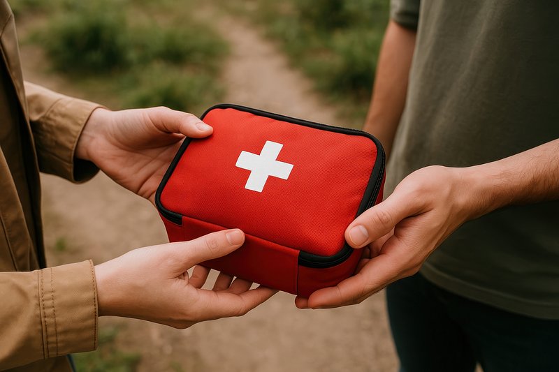 Emergency kit exchange outdoors.