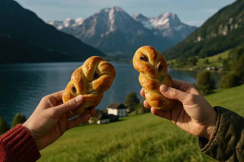 Scenic pastries with mountain view.