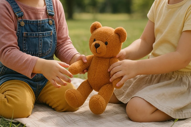 Children sharing teddy bear outdoors.
