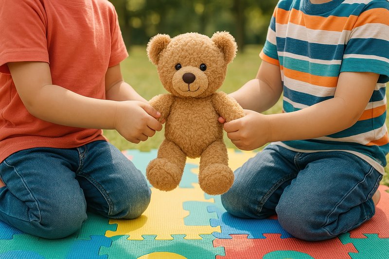 Children sharing teddy bear outdoors.