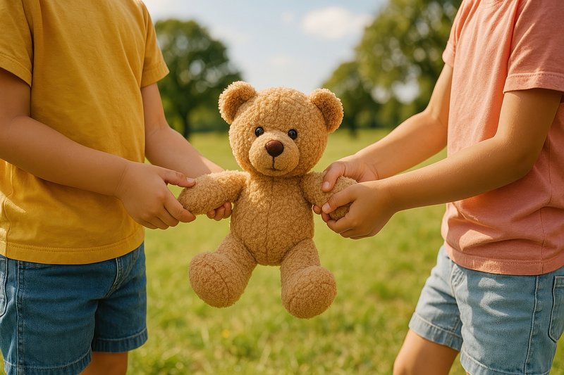 Children sharing teddy bear outdoors.
