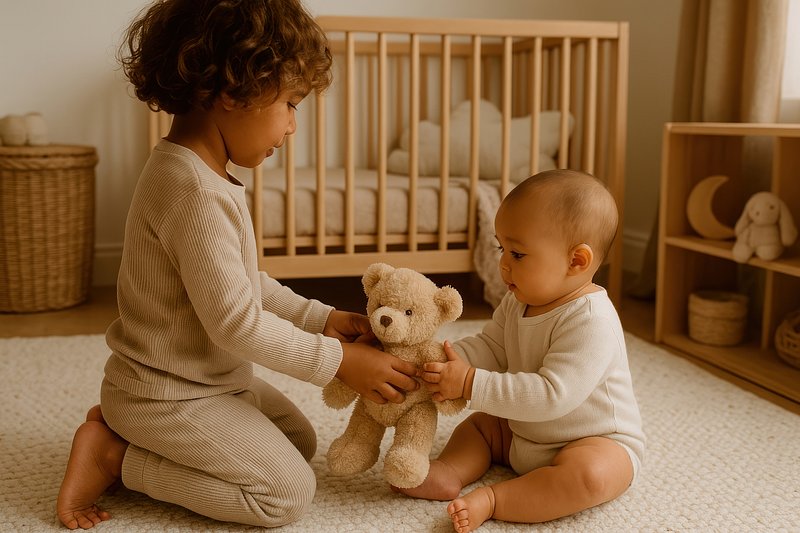 Children playing with teddy bear.