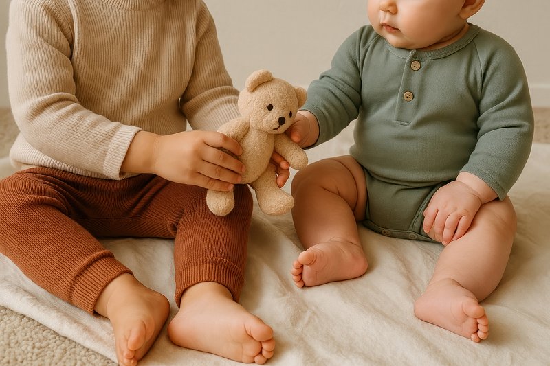 Adorable toddlers sharing teddy.