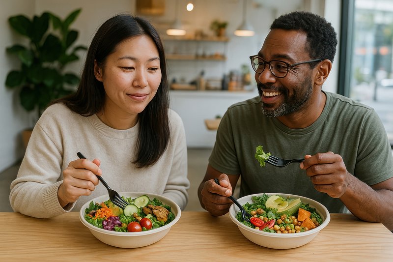 Diverse friends enjoying healthy meal.