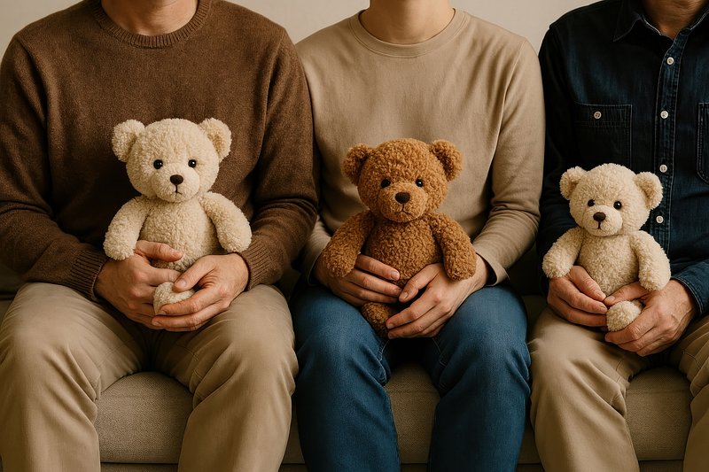 Family holding cute teddy bears.