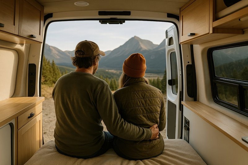 Couple enjoying mountain view.