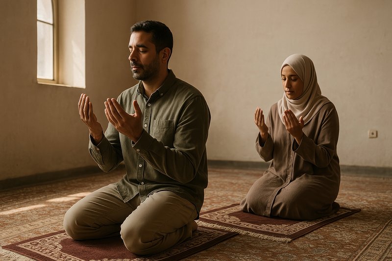 Peaceful prayer in serene setting.