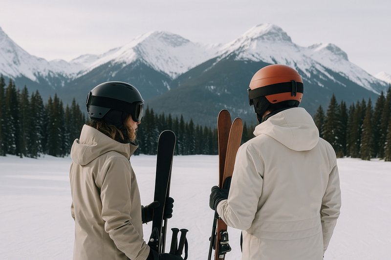 Skiers enjoying scenic mountain view.