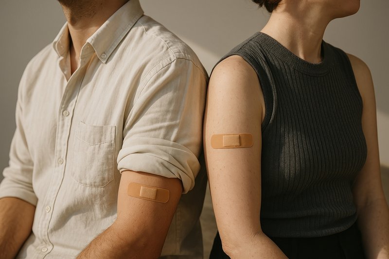 Vaccinated couple showing bandages.
