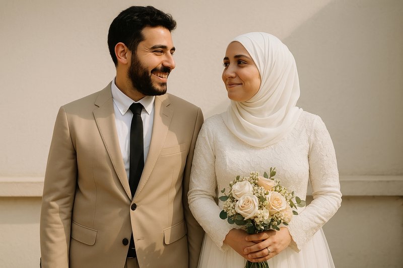 Happy couple in wedding attire.