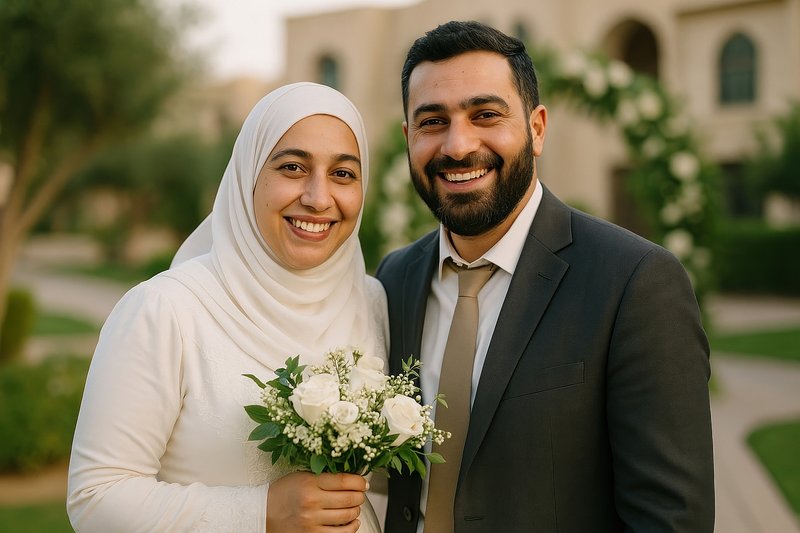 Happy couple in wedding attire
