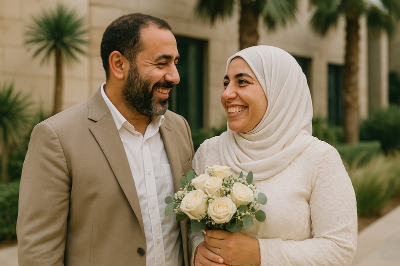 Joyful couple holding bouquet outdoors.