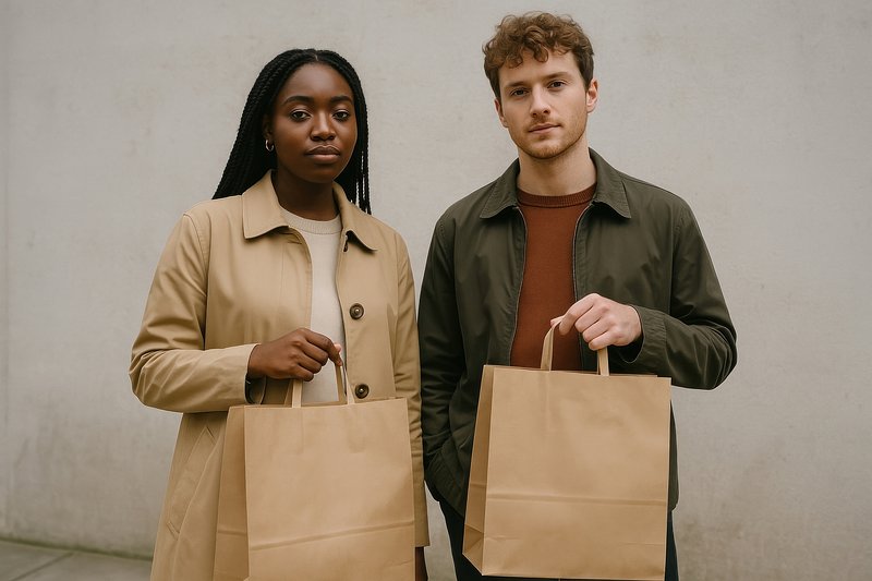 Diverse shoppers holding bags.