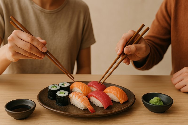 Chopsticks sharing sushi delight.