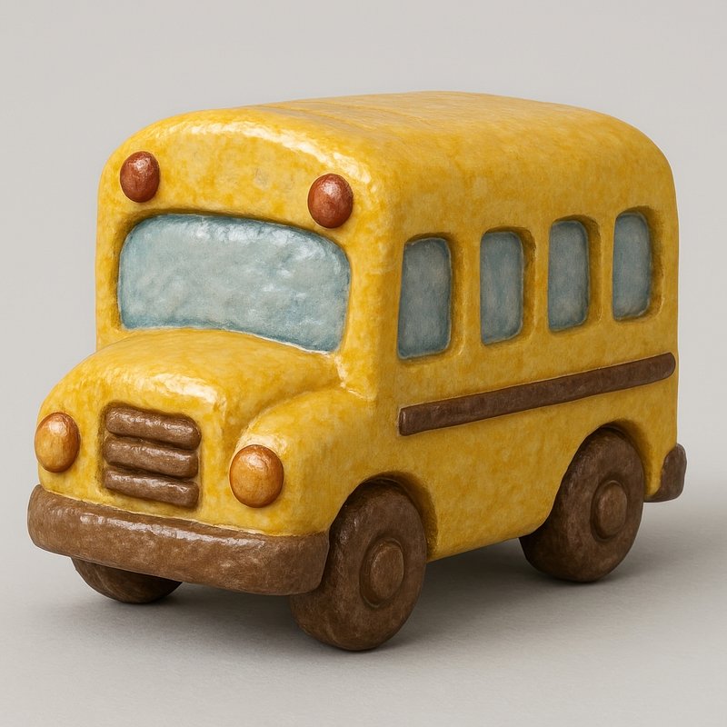 Whimsical yellow school bus sculpture.