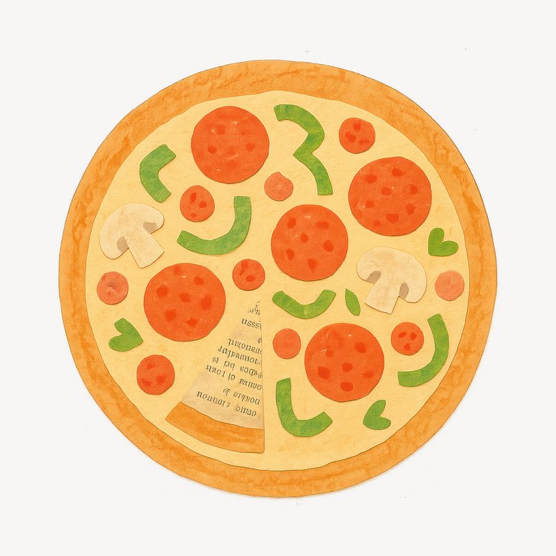 Colorful pizza illustration with toppings.